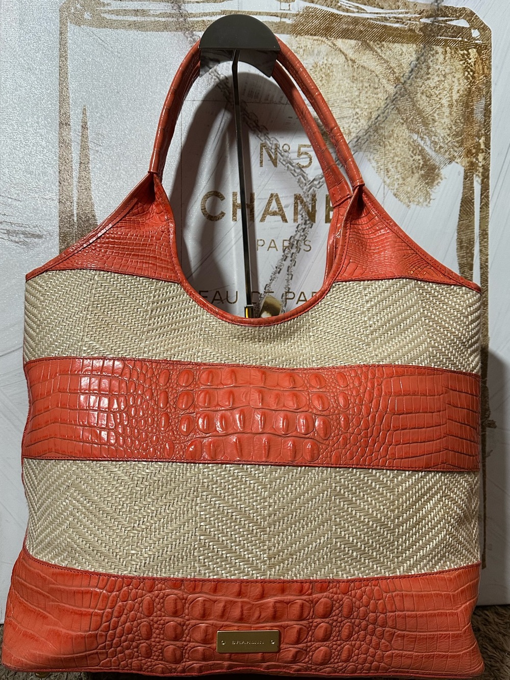 Brahmin orange leather and raffia tote entry - Picture 3 of 15